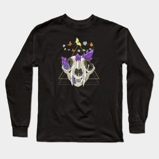 Cat Skull with Crystals, Butterflies, and Geometric Accents on Black Long Sleeve T-Shirt